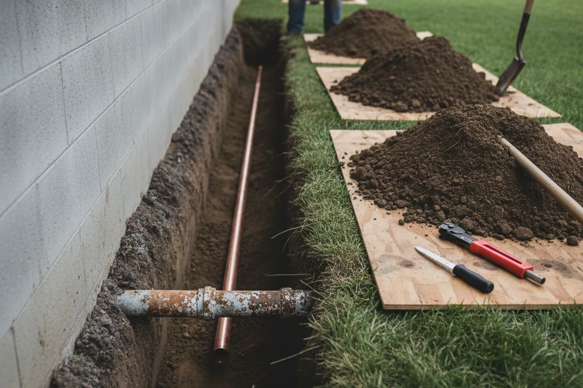 Excavated water line trench during Sewer Line Repair in Cornettsville